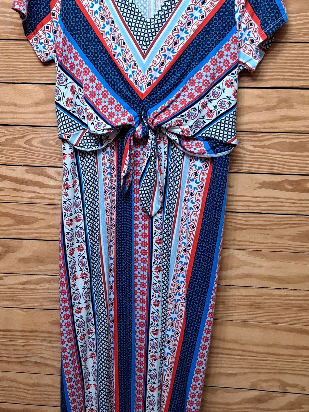 Lane Bryant Short Sleeve Vneck  Mixed Print Maxi Dress Sz 14/16 Red White Blue